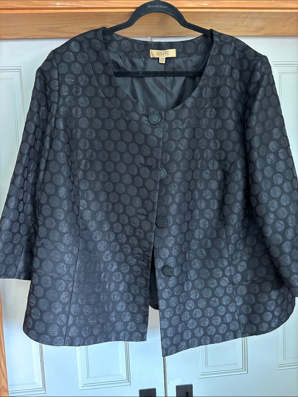 Kasper Black Dot Jacquard Collarless Blazer Jacket